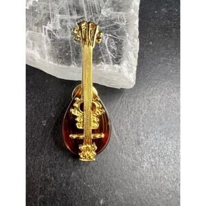 Vintage Avon Mandolin Lute Brooch Gold Tone Amber Glass Pin